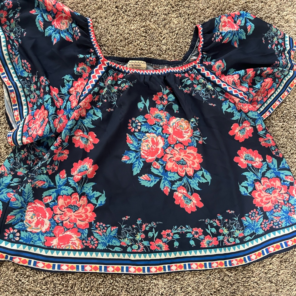 Flying Tomato Navy Floral Blouse